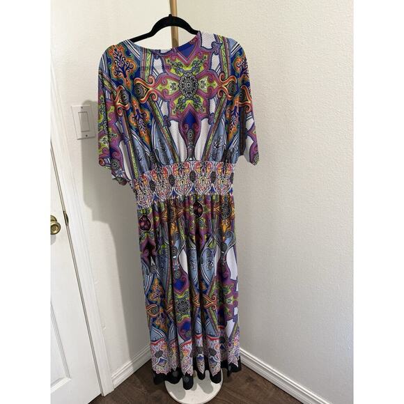 Calessa Women Dress Printed V-Neck Smocked Waist Midi Lounge Colorful Sz X-Large - Picture 3 of 6